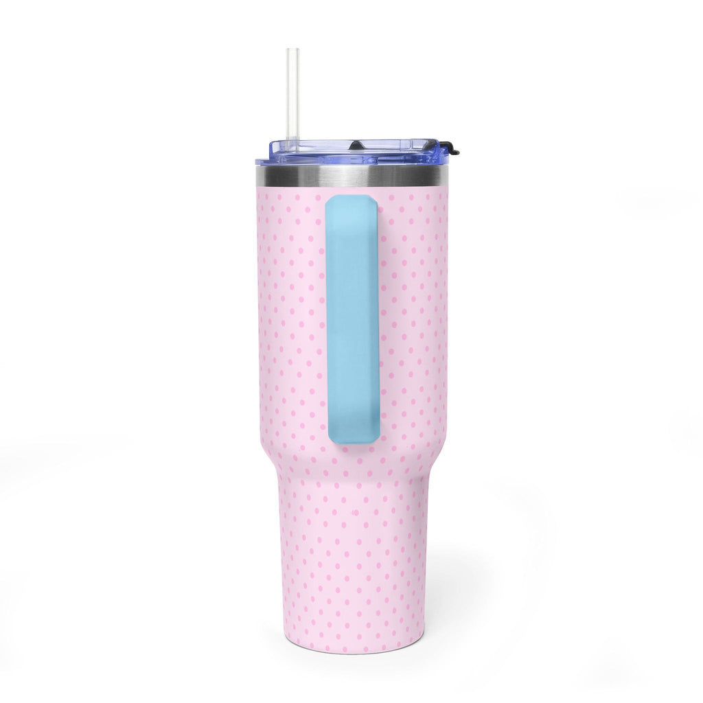 40oz tumbler with light pink polka dots and blue cutout sleeve, clear straw lid