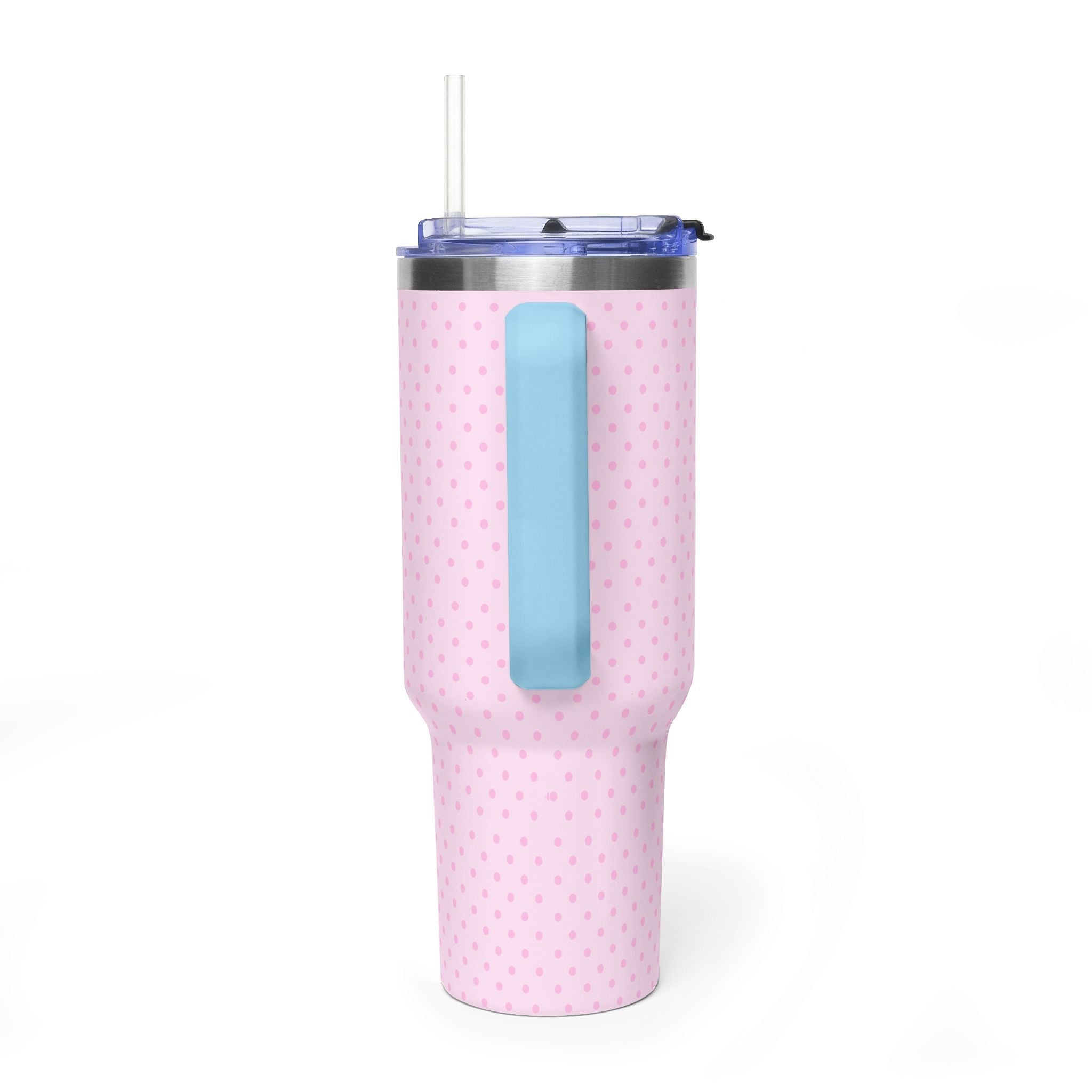 40oz tumbler with light pink polka dots and blue cutout sleeve, clear straw lid