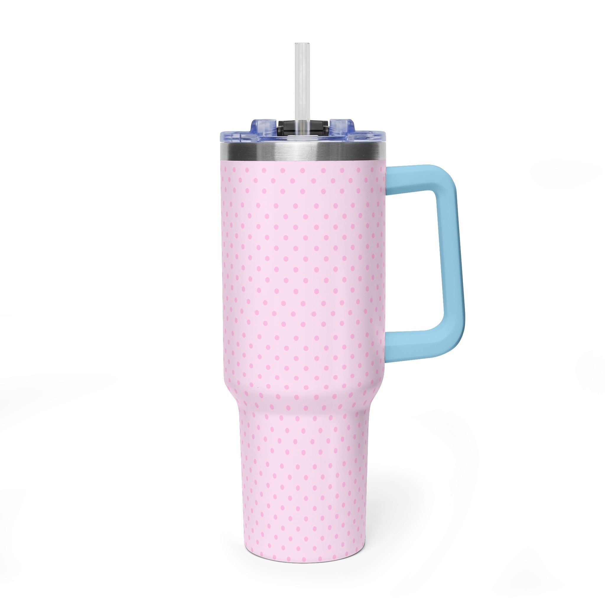 40oz stainless tumbler, light pink polka dots with blue handle and clear straw lid