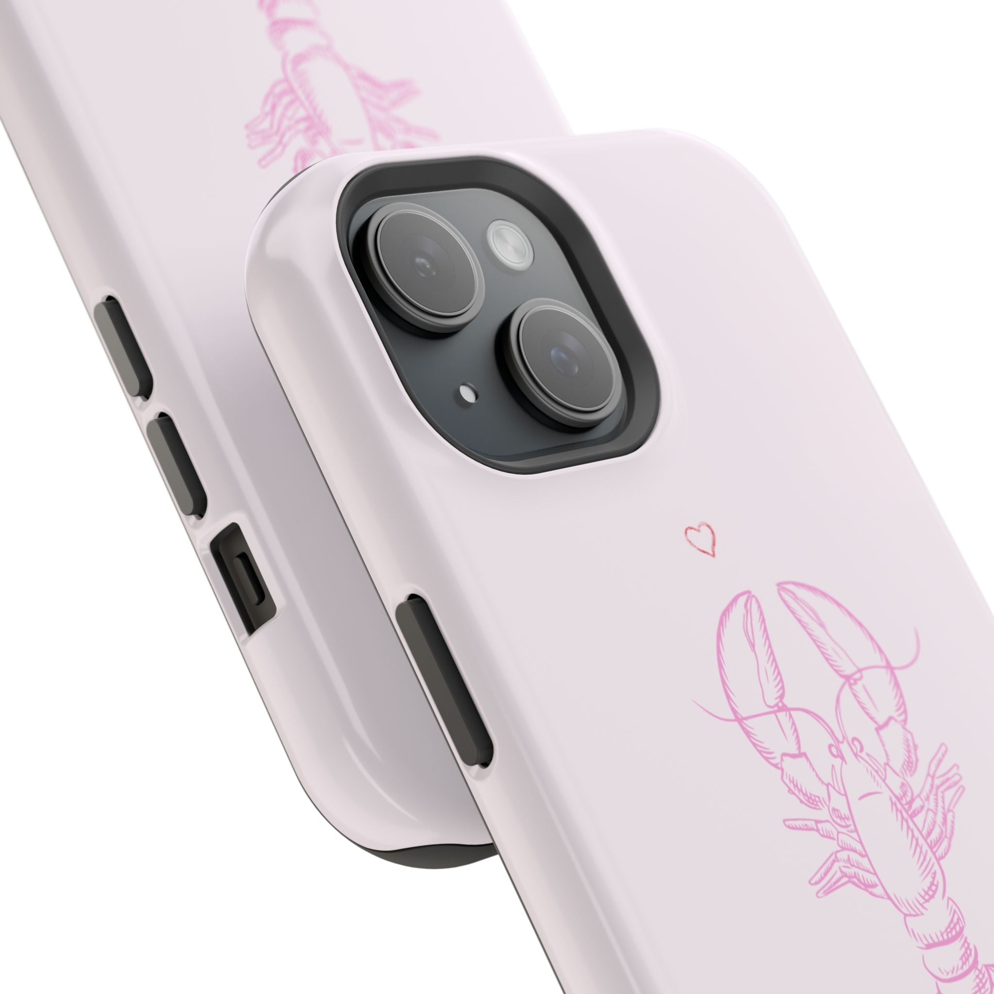 Light pink phone case close-up with lobster line art, small hearts, and camera cutouts