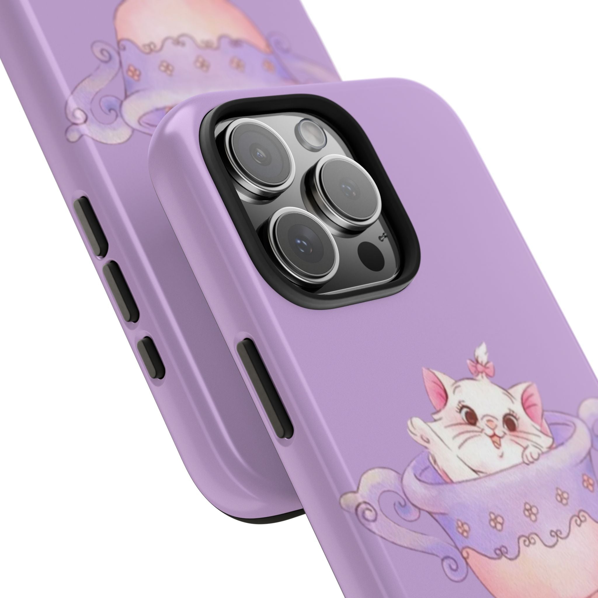 Lilac phone case corner view with side buttons and cat teacup artwork