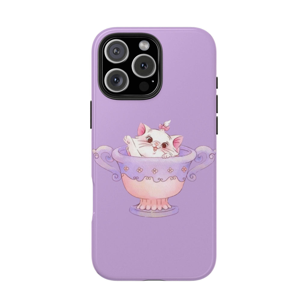 Lilac phone case featuring a cute cat inside a teacup illustration