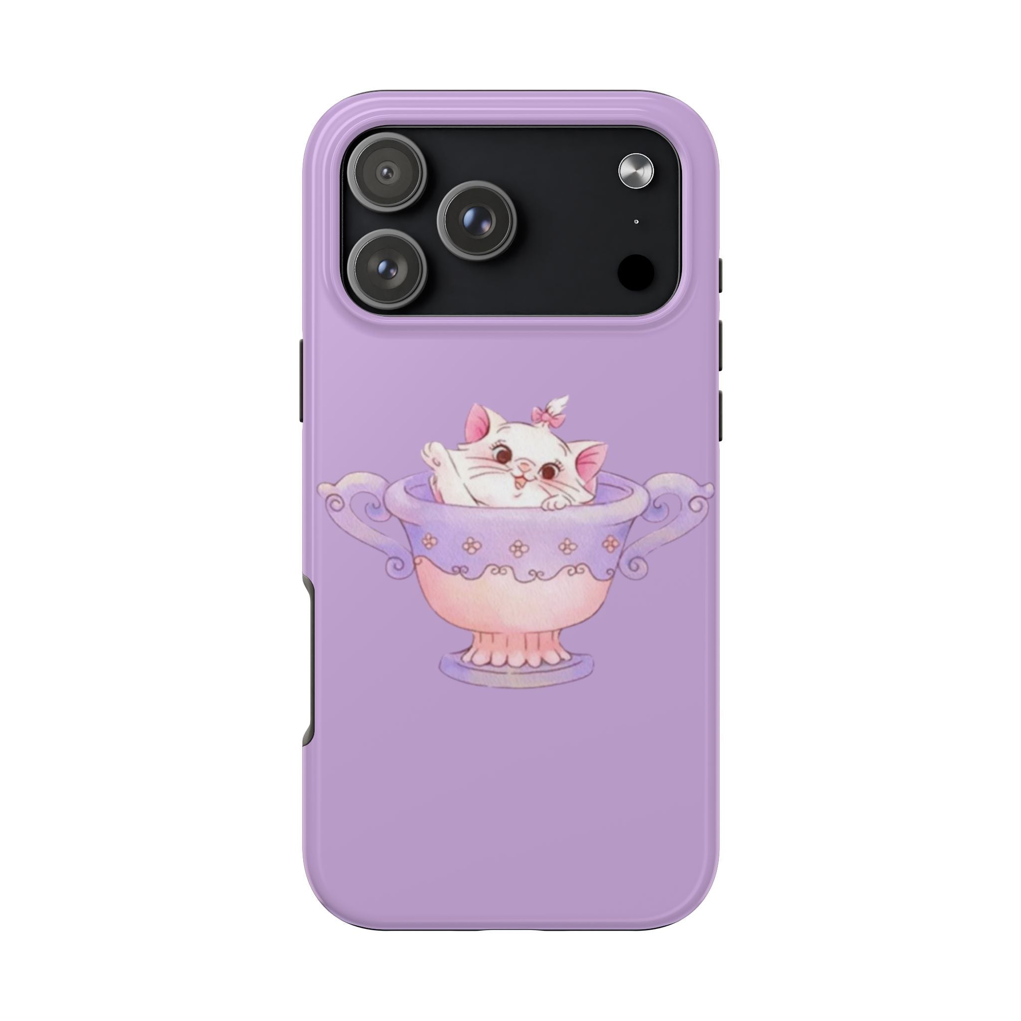 Lilac cat in a teacup phone case with raised camera cutout