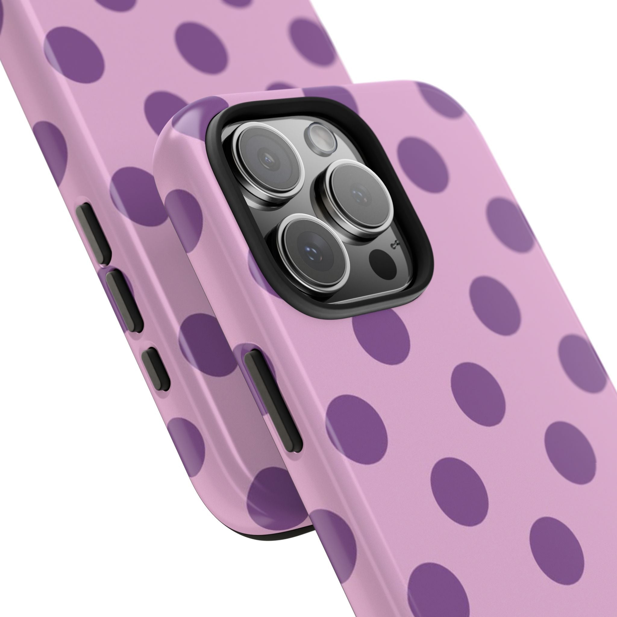 Lilac polka dot phone case with dark purple dots and raised camera bezel