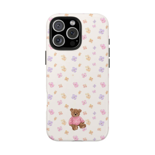 Pink floral mini teddy bear phone case, all-over paw print pattern