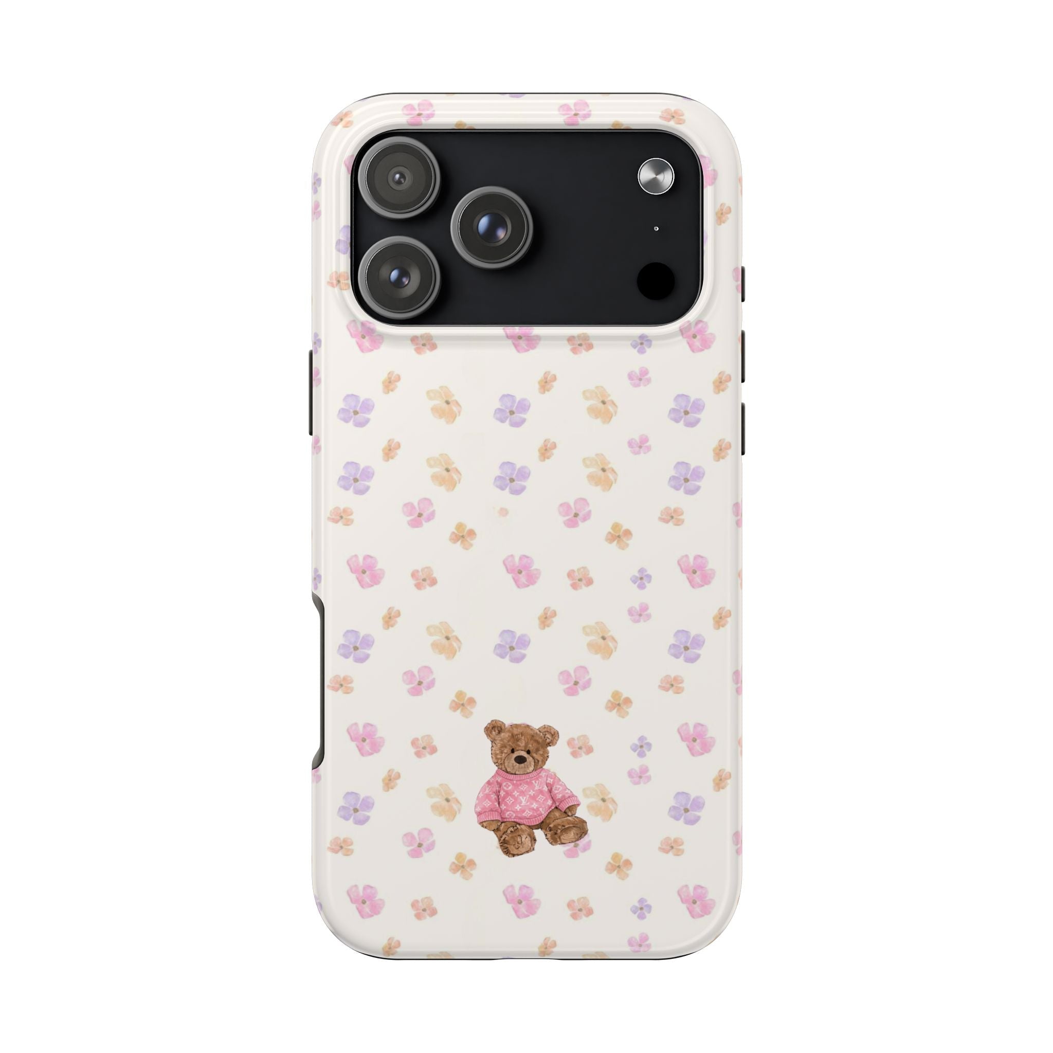 Light phone case with pink teddy bear graphic and multicolor flower paw prints