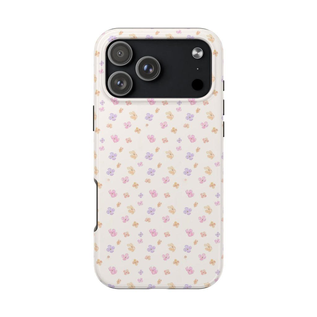 Lily blossom floral phone case, cream with small pink/purple blossoms, camera module