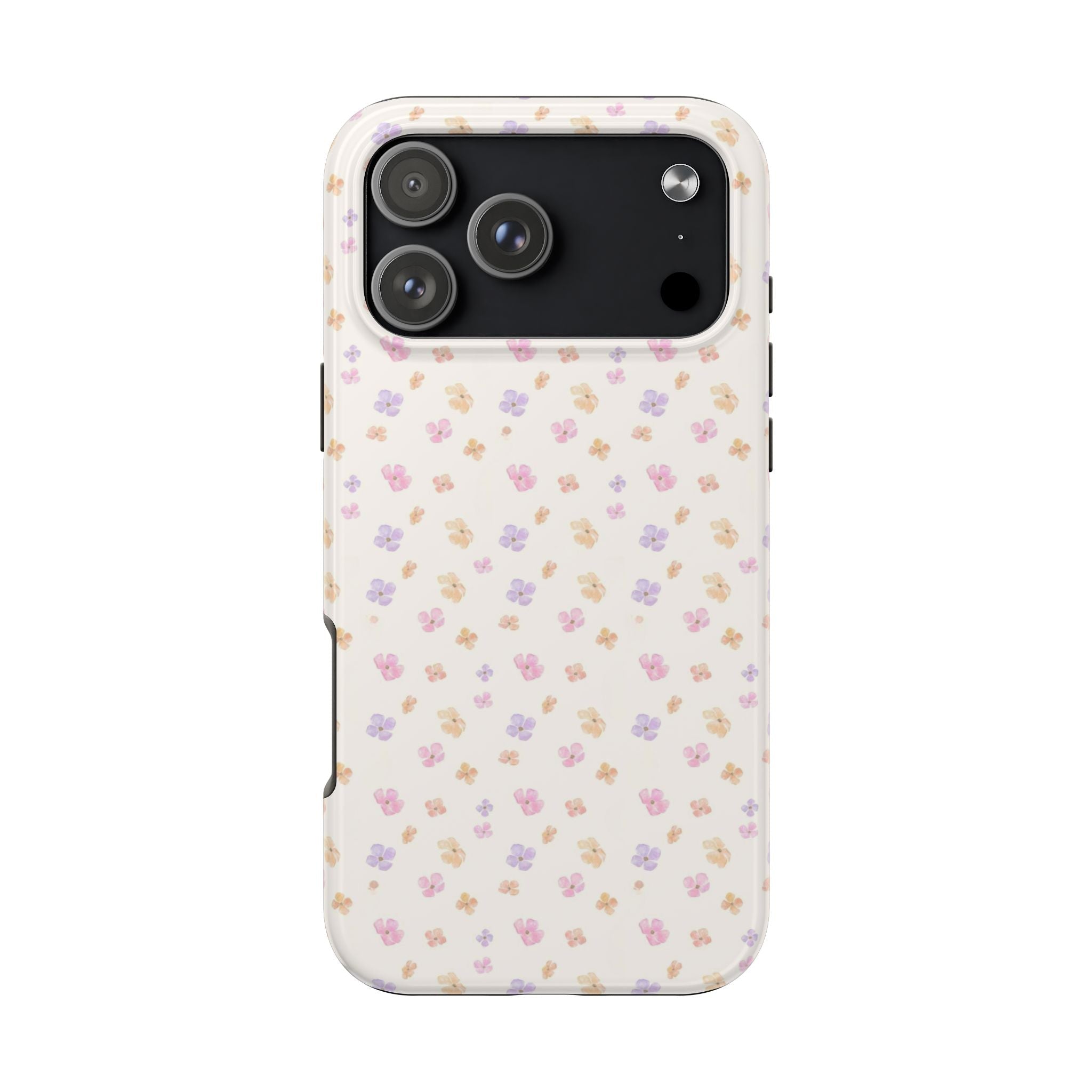 Lily blossom floral phone case, cream with small pink/purple blossoms, camera module