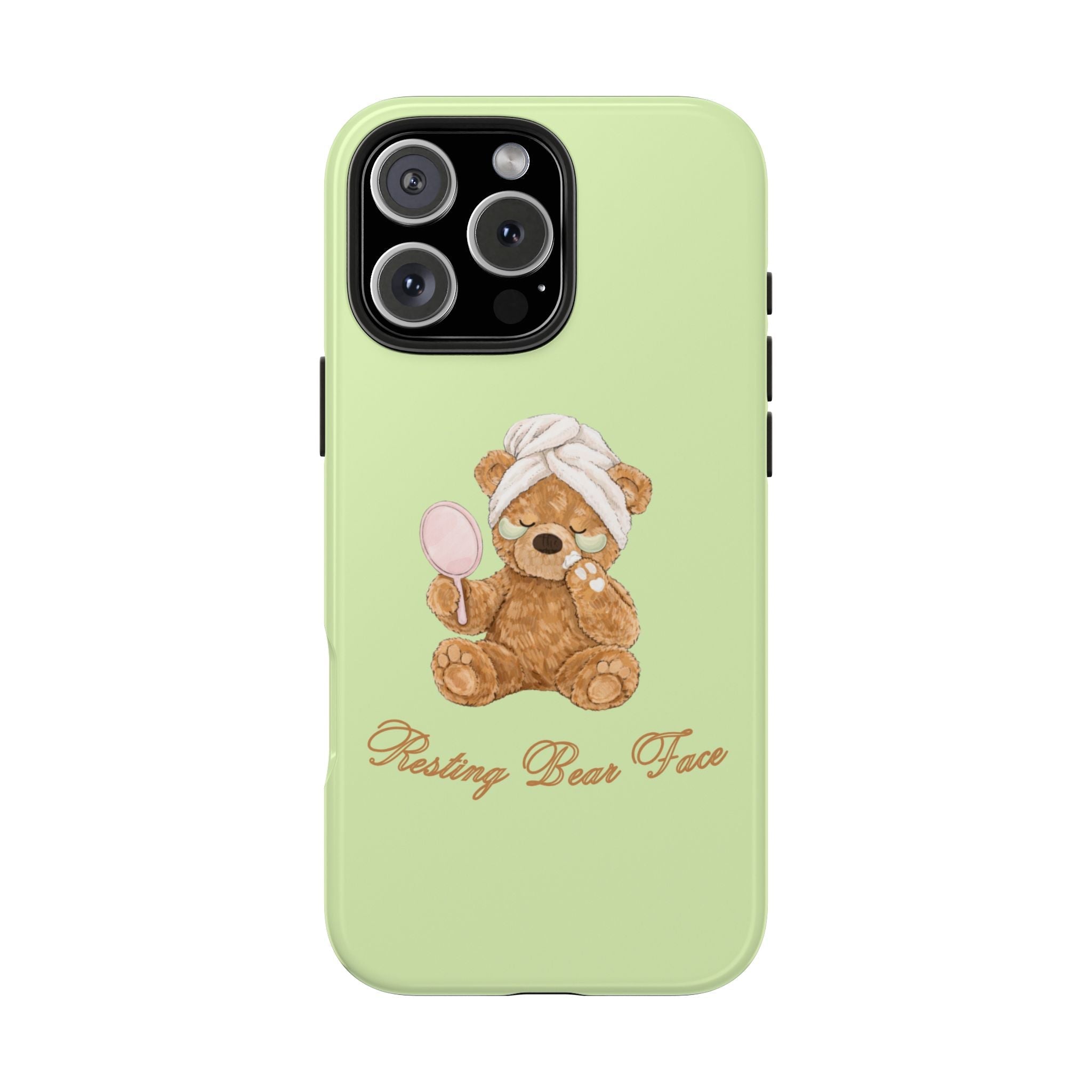 Lime green phone case with resting bear face graphic and script text
