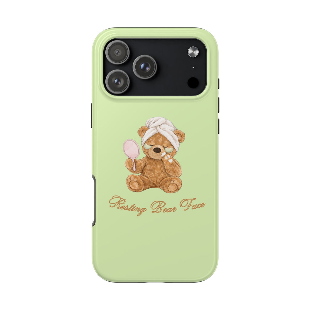 Lime green phone case with back camera cutouts and resting bear face cartoon
