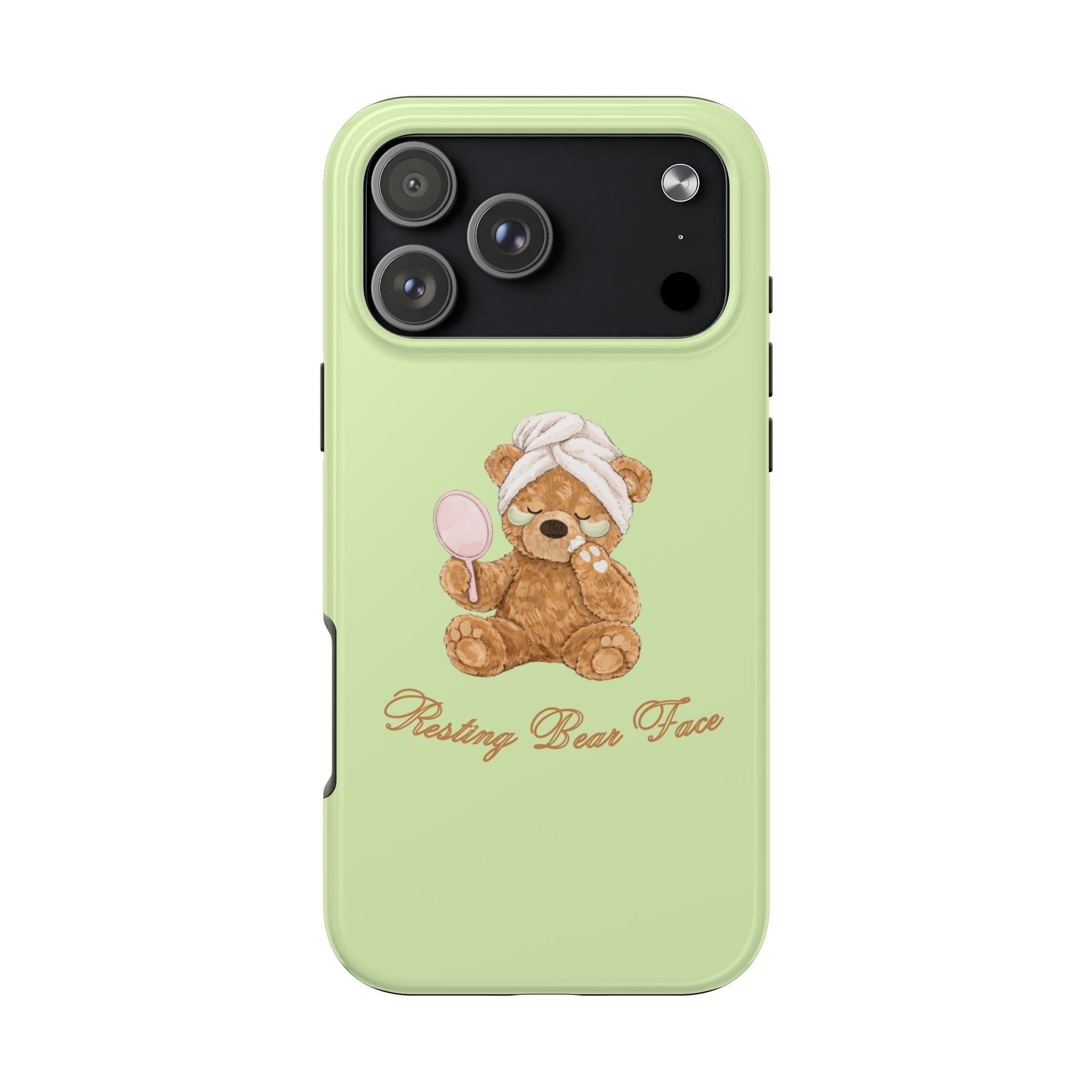 Lime green phone case with back camera cutouts and resting bear face cartoon
