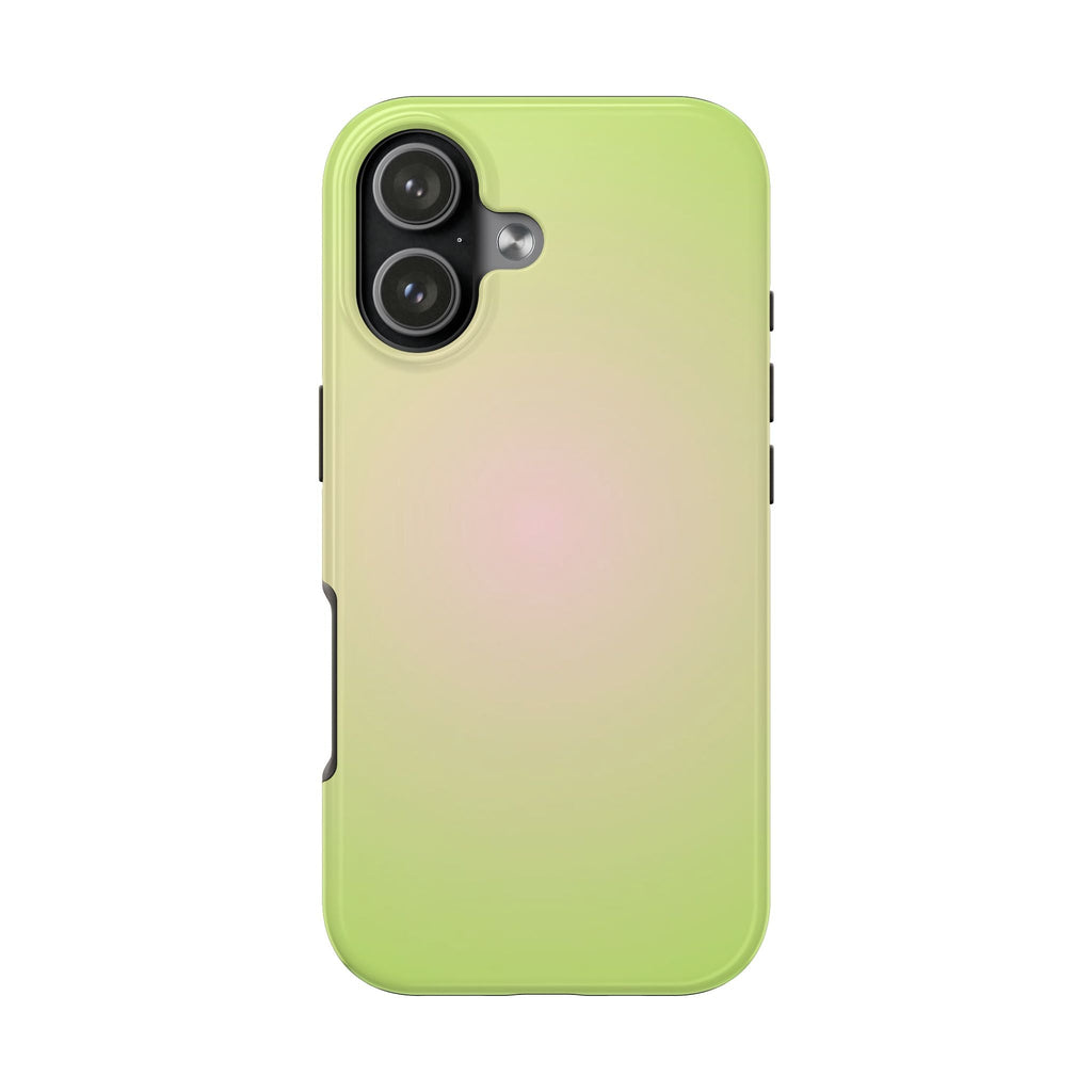 Lime green soft aura phone case, back view with camera lenses and precise cutouts