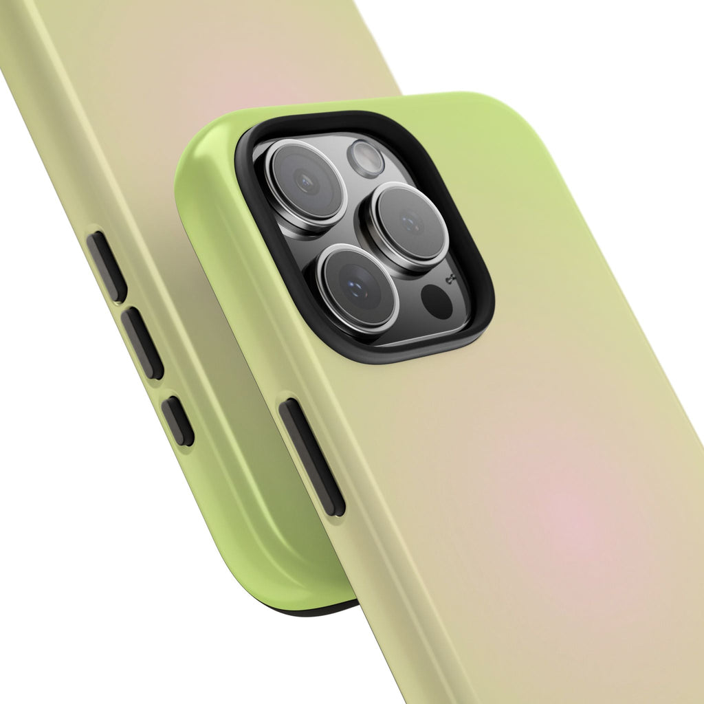Close-up lime green soft aura phone case with camera lens openings and side button cutouts