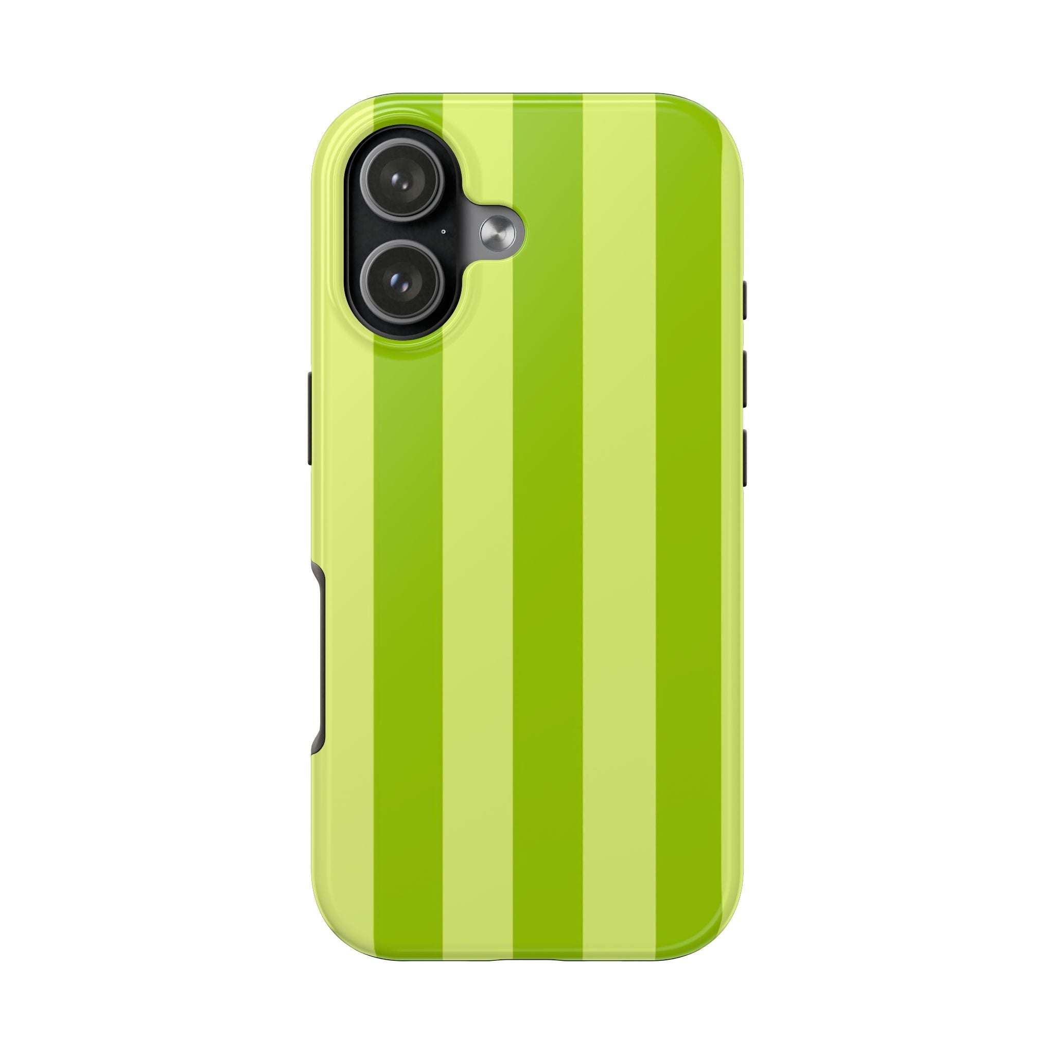 Lime green striped phone case, back view showing camera lens covers and flash window