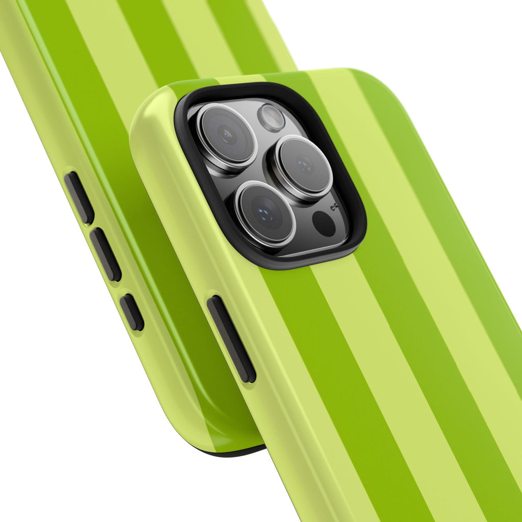 Close-up lime green striped phone case with camera lens protection and side cutouts