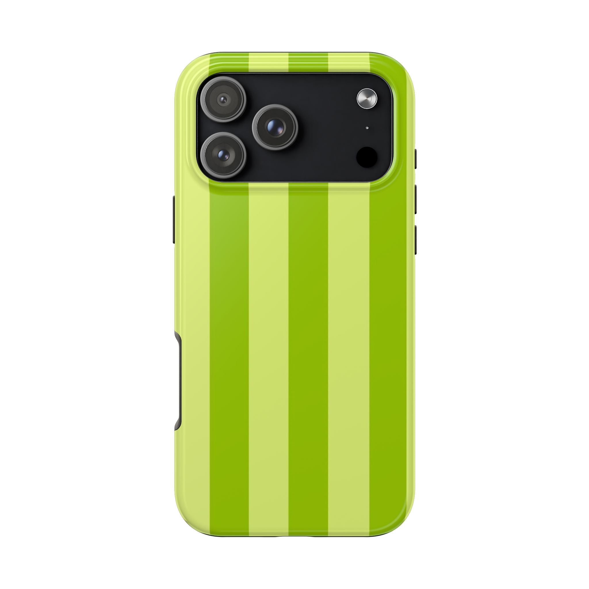 Lime green striped phone case with raised camera cutouts and smooth shell