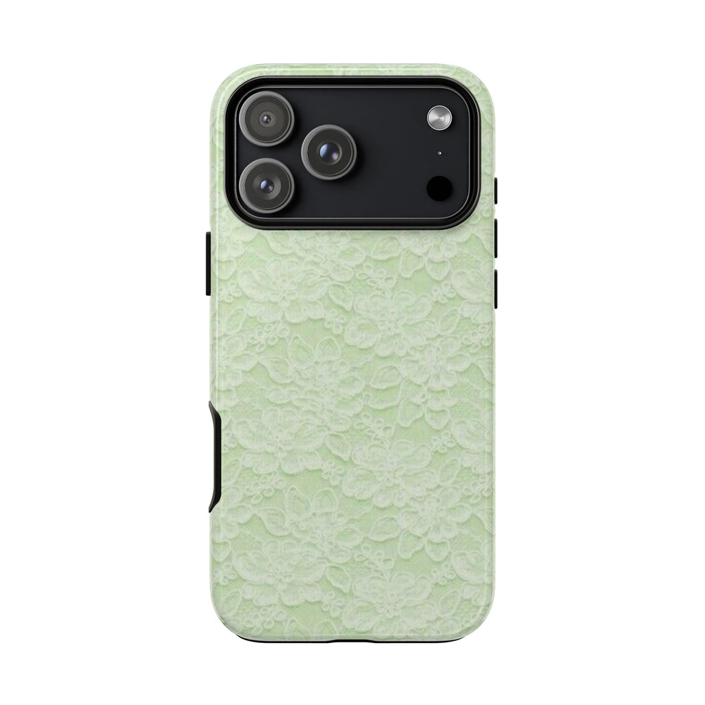 Lime lace phone case showing camera window, lens holes, and side button cutouts