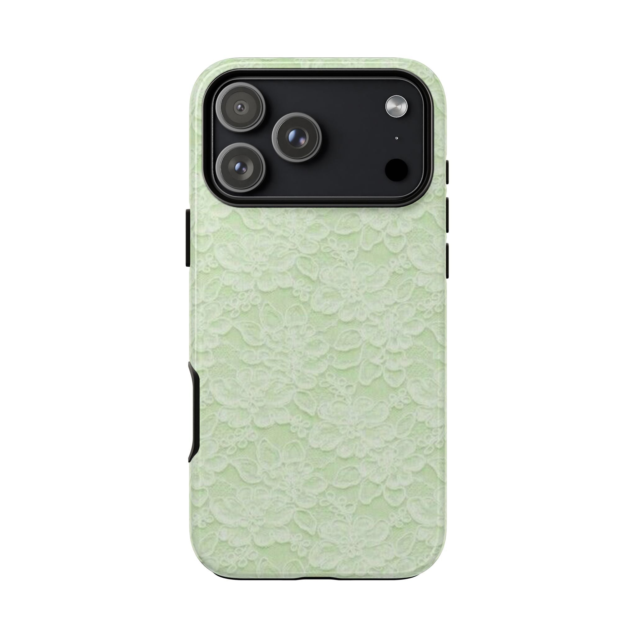 Lime lace phone case showing camera window, lens holes, and side button cutouts