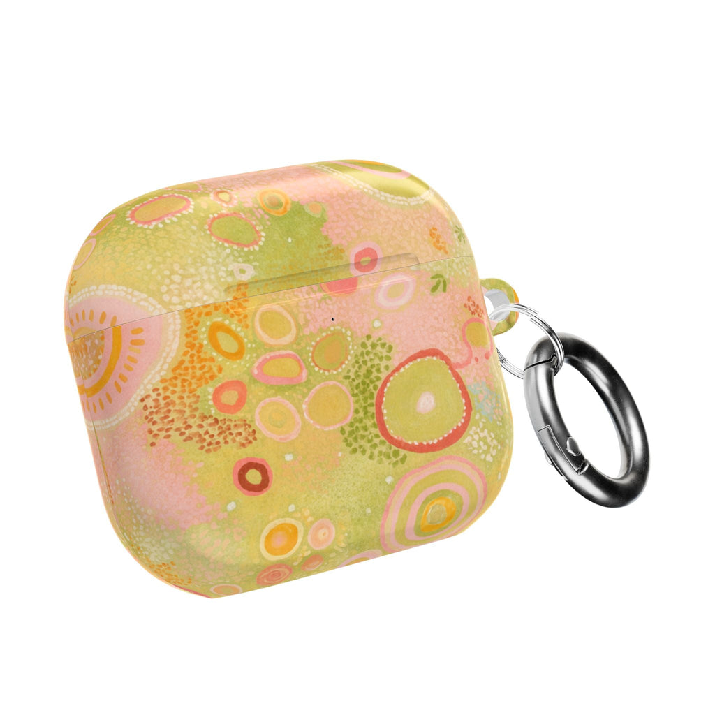 AirPods case with metal keyring, lime green and pink fruit-patterned cover
