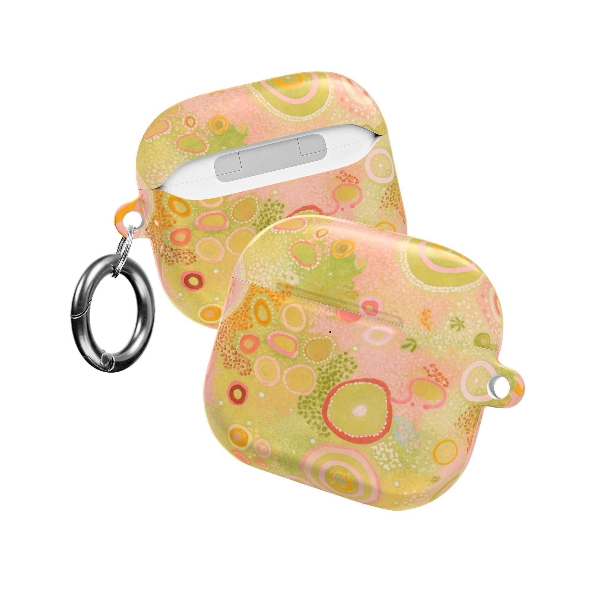 AirPods case with metal keyring, lime green and pink pastel pattern