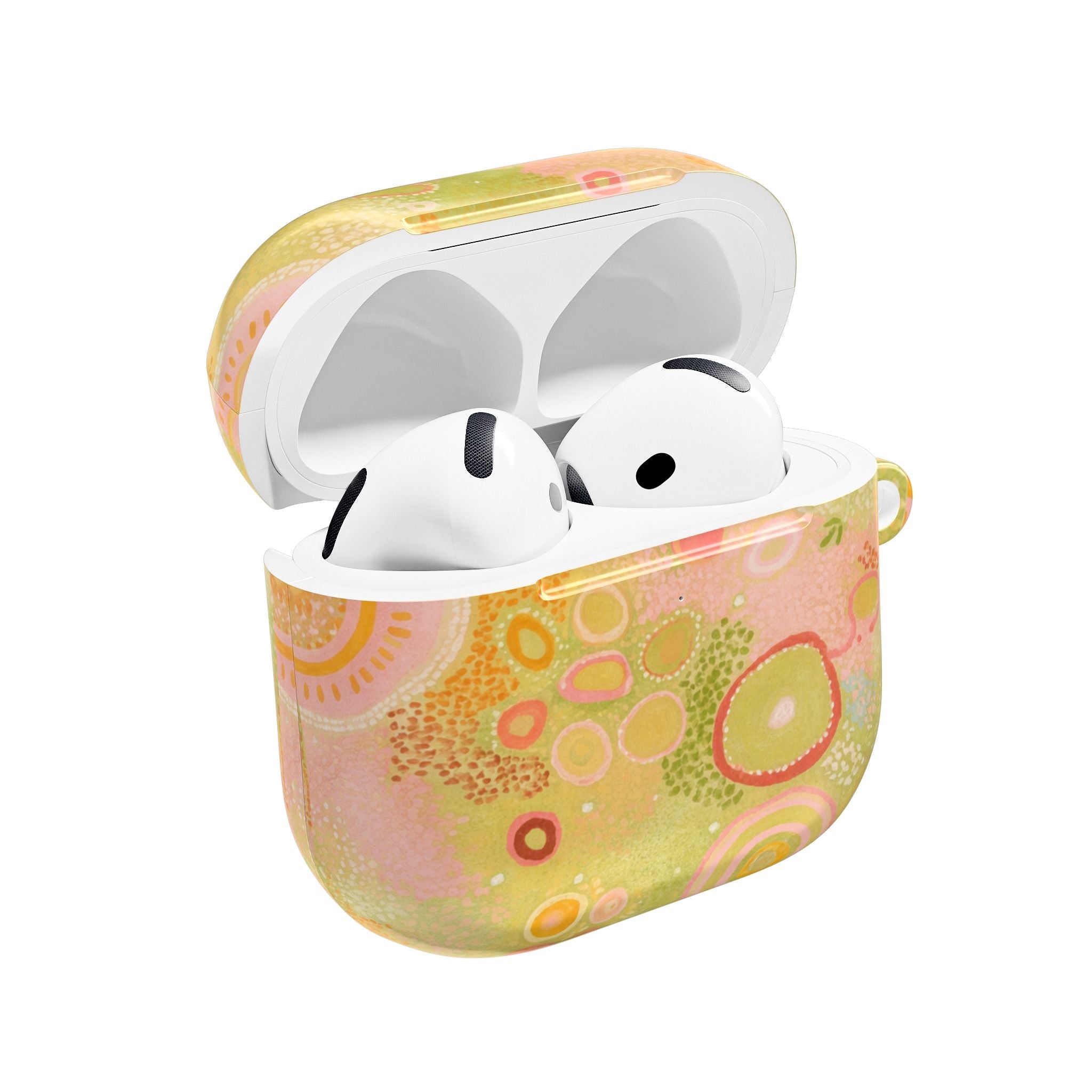 AirPods case with open lid and earbud silhouettes, lime green and pink patterned shell
