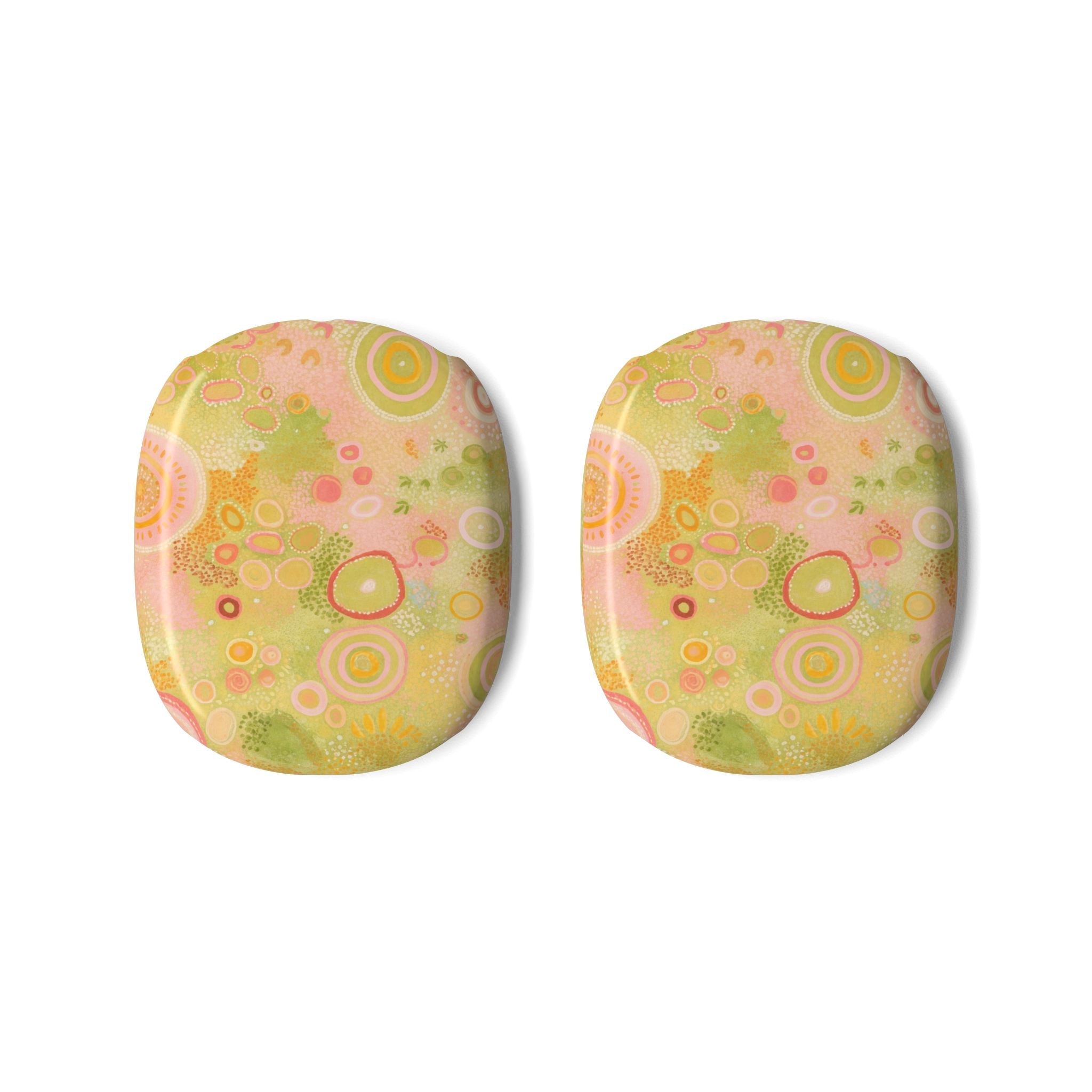 Pair of AirPods Max case covers with pastel abstract circle pattern, lime and pink