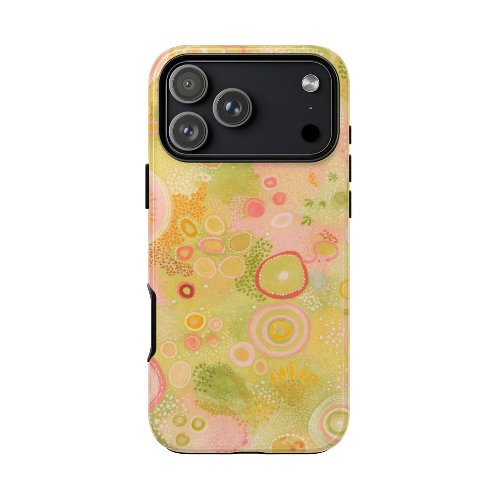 Lime Lagoon phone case, pastel citrus and rainbow circles, camera cutouts visible