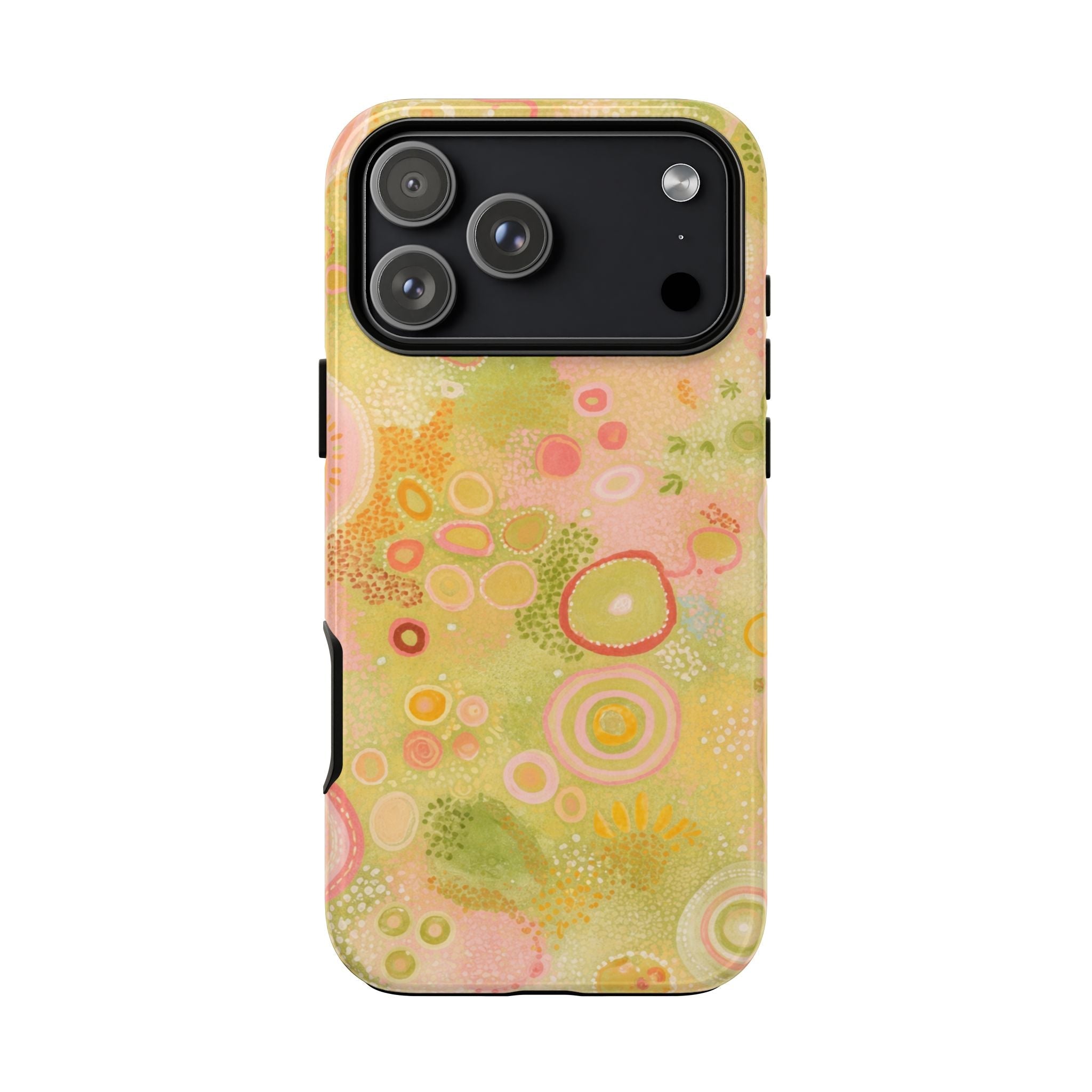 Lime Lagoon phone case, pastel citrus and rainbow circles, camera cutouts visible