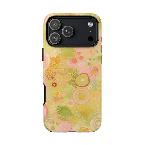 Lime Lagoon phone case, pastel citrus and rainbow circles, camera cutouts visible