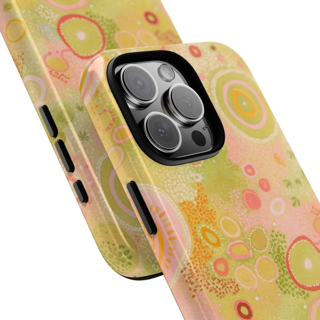 Lime Lagoon phone case angled view, citrus swirl pattern with side button cutouts