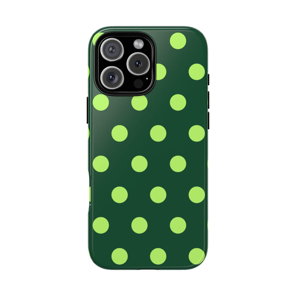 Dark green phone case with lime green polka dots pattern, slim protective cover