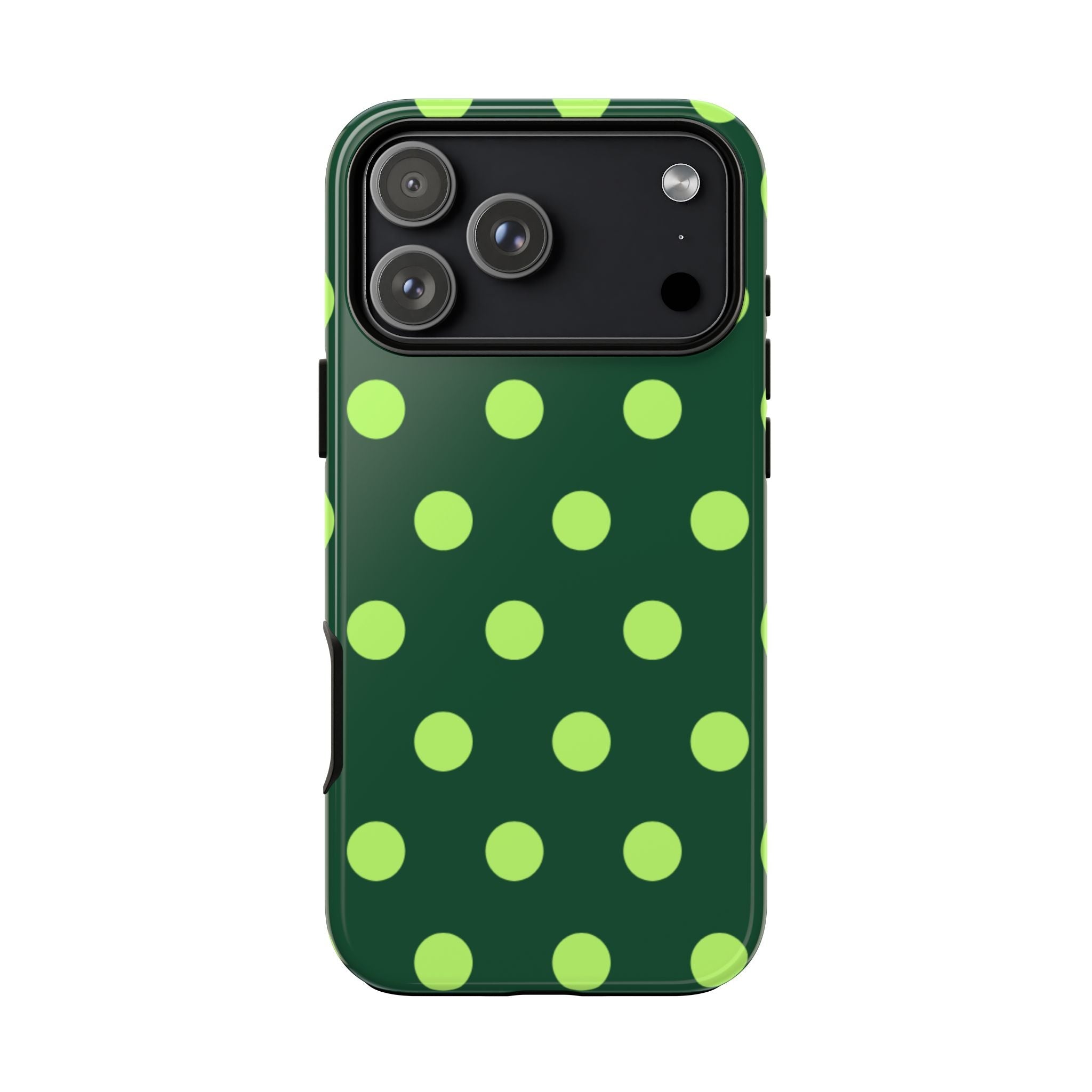 Dark green polka dot phone case with lime dots, raised camera edge detail