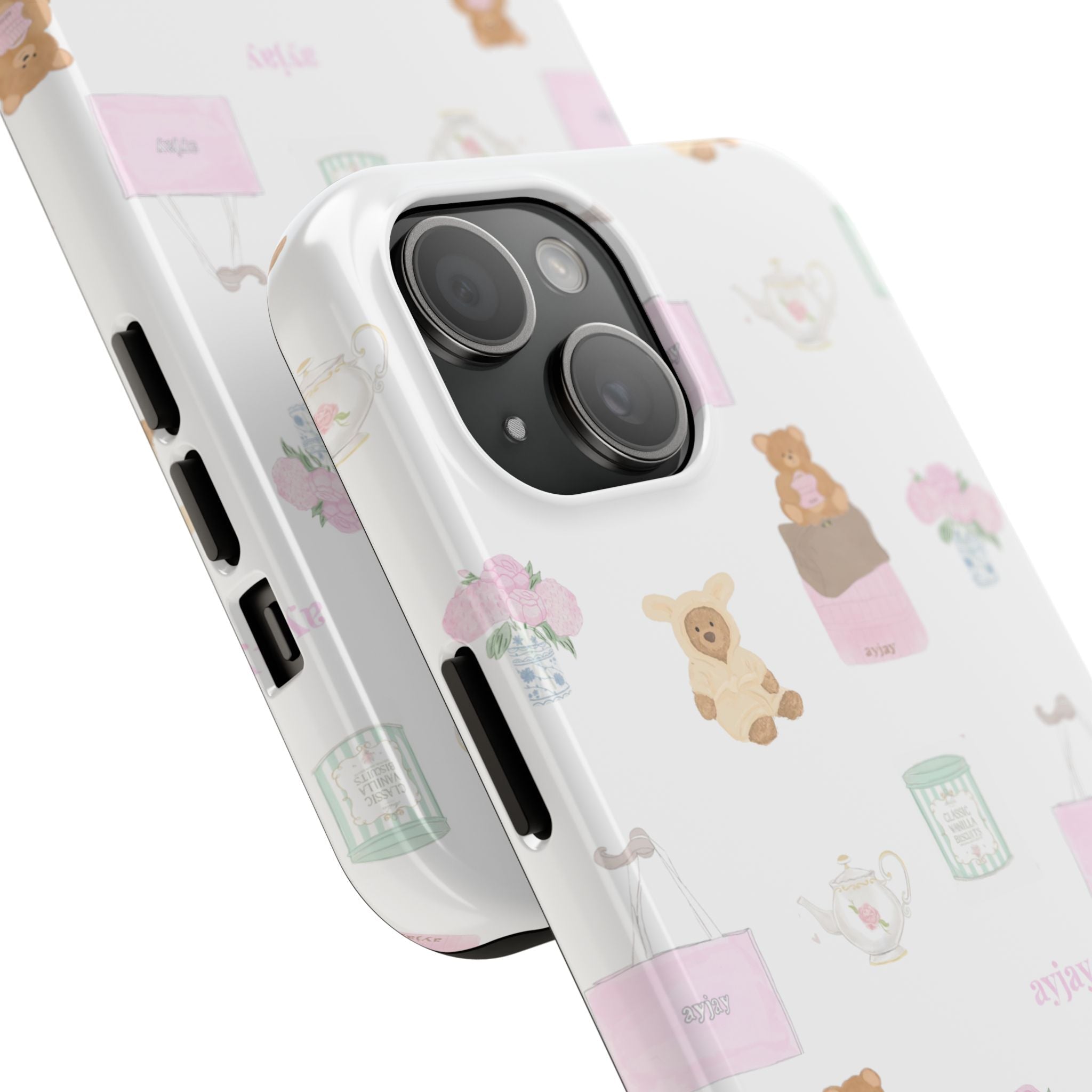 Angle view white phone case with teddy pattern and side button openings
