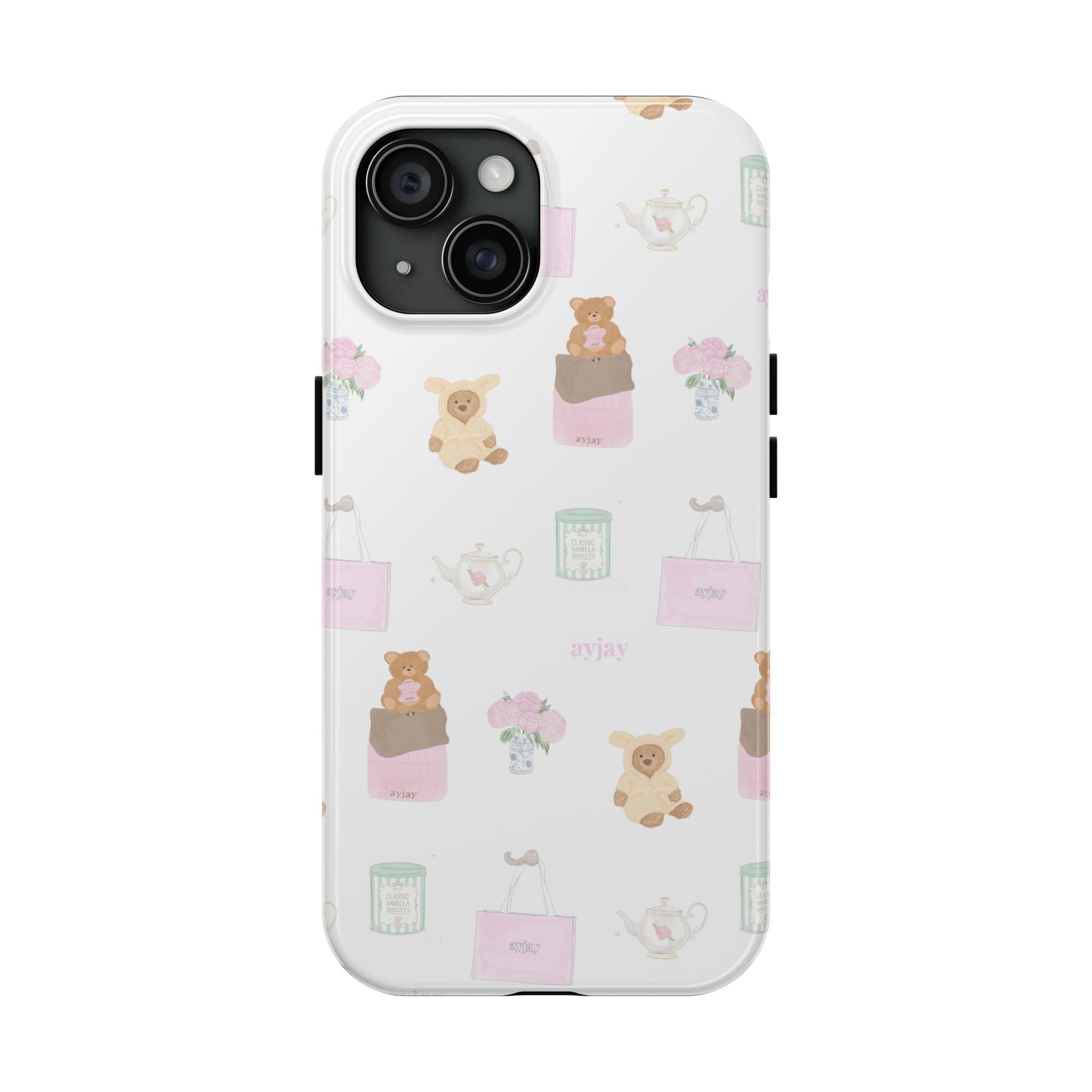 White phone case with teddy bear and teacup pattern, raised camera cutouts