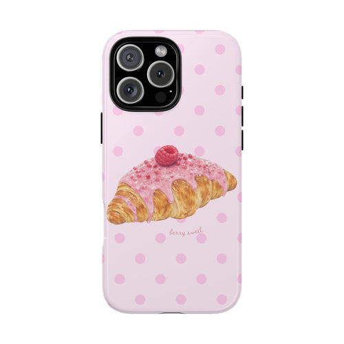 Pink berry croissant phone case with dotted pattern and raspberry topping