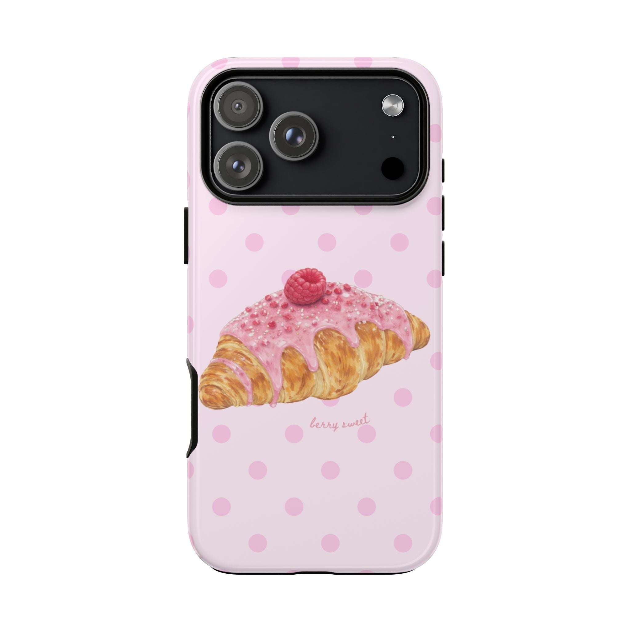 Pink dotted phone case with berry croissant artwork and camera cutout