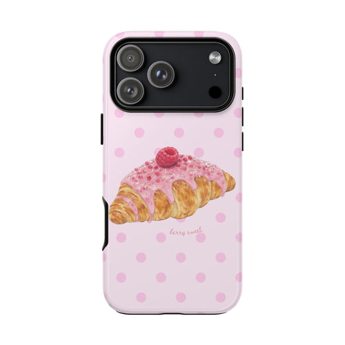 Pink dotted phone case with berry croissant artwork and camera cutout