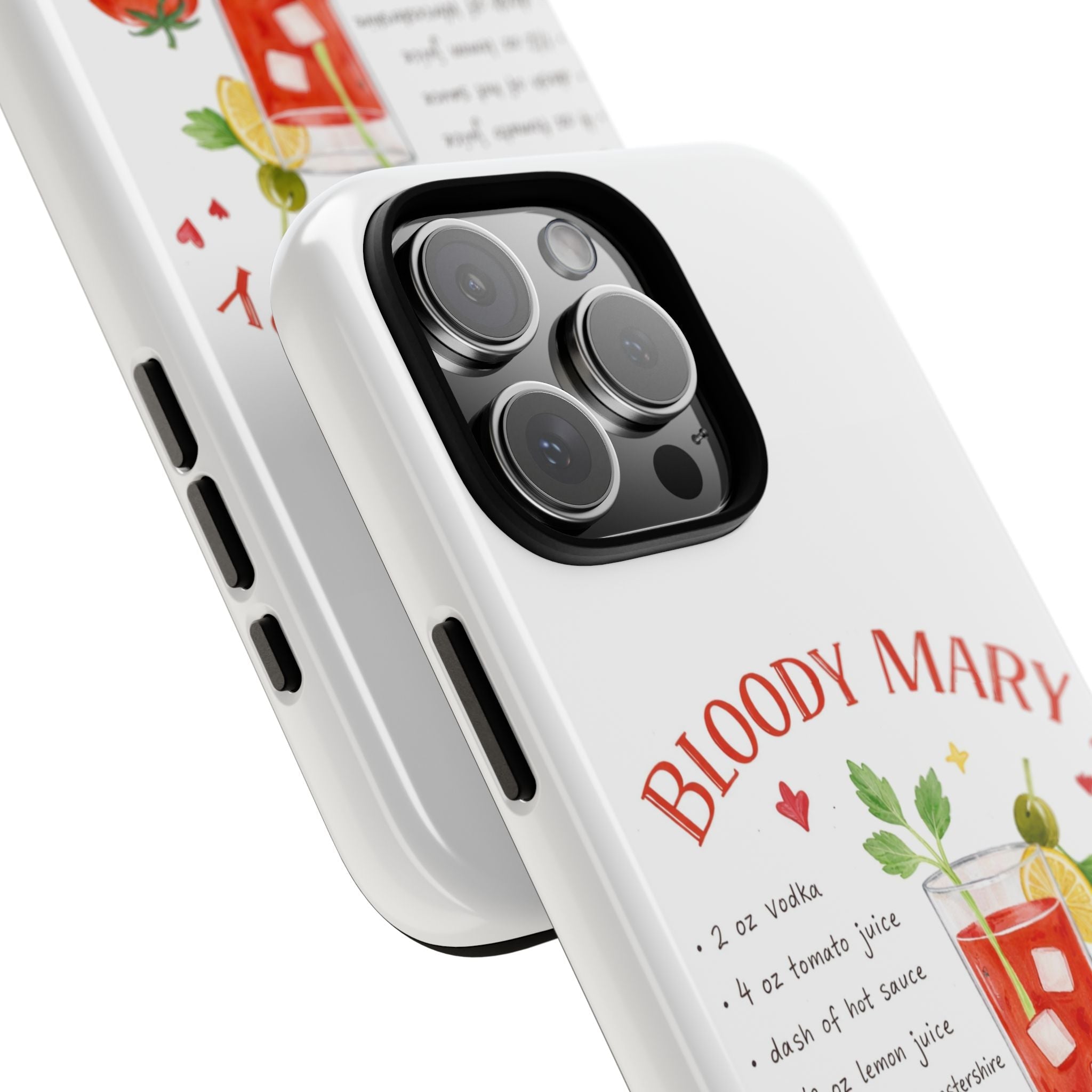 Angled view of white phone case showing “BLOODY MARY” text, side cutouts, cocktail art