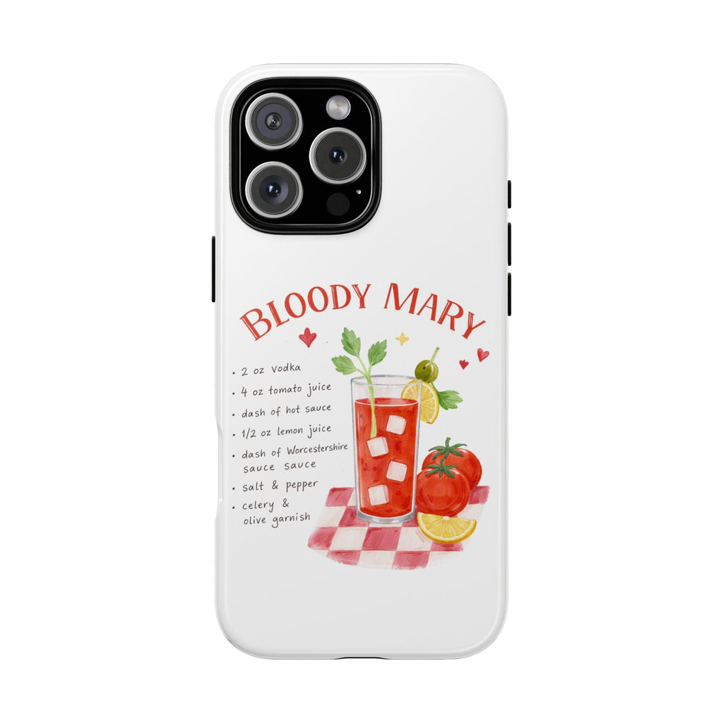 White phone case with “BLOODY MARY” text and cocktail illustration, camera cutouts