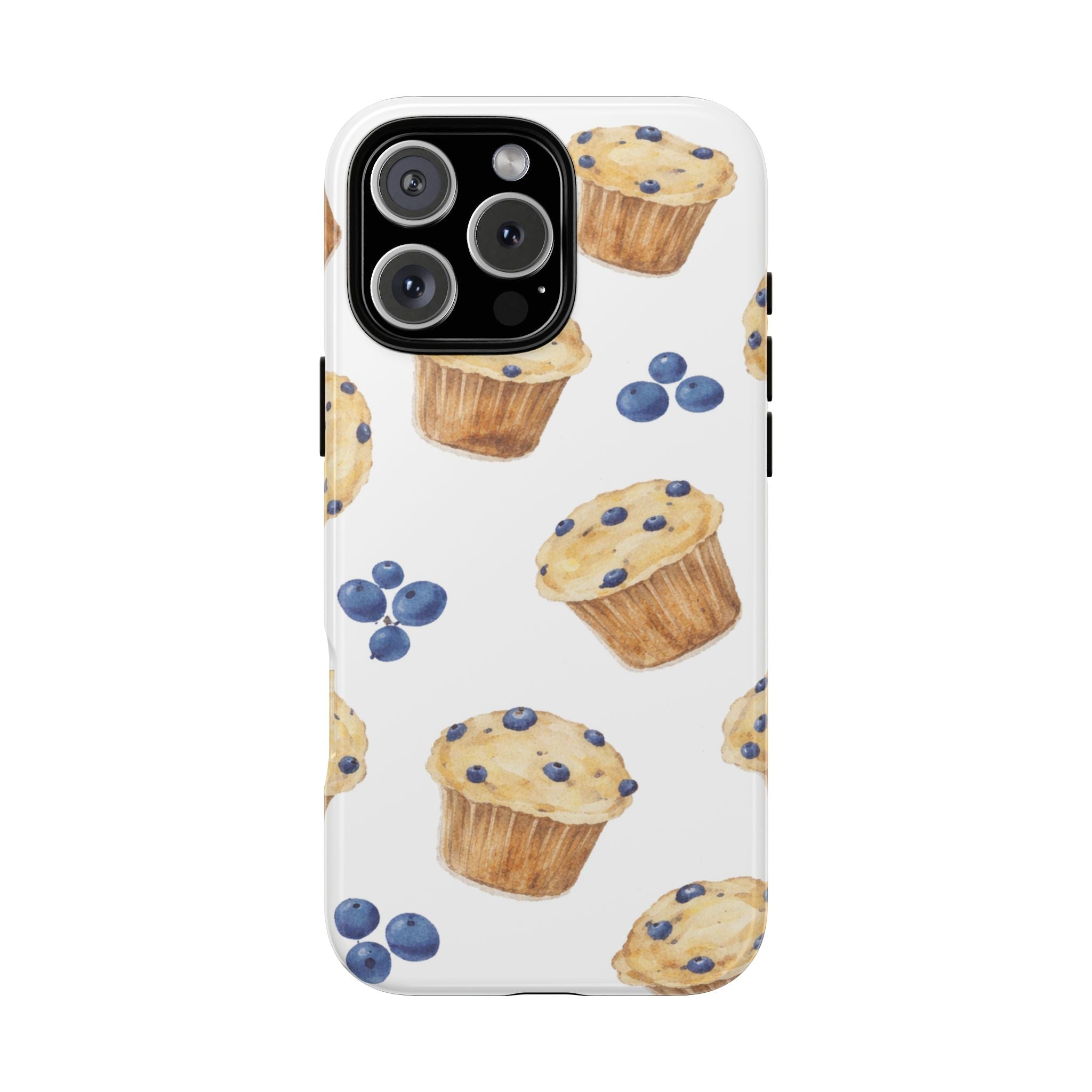 Phone case with scattered blueberry muffins and blue berries pattern on white background