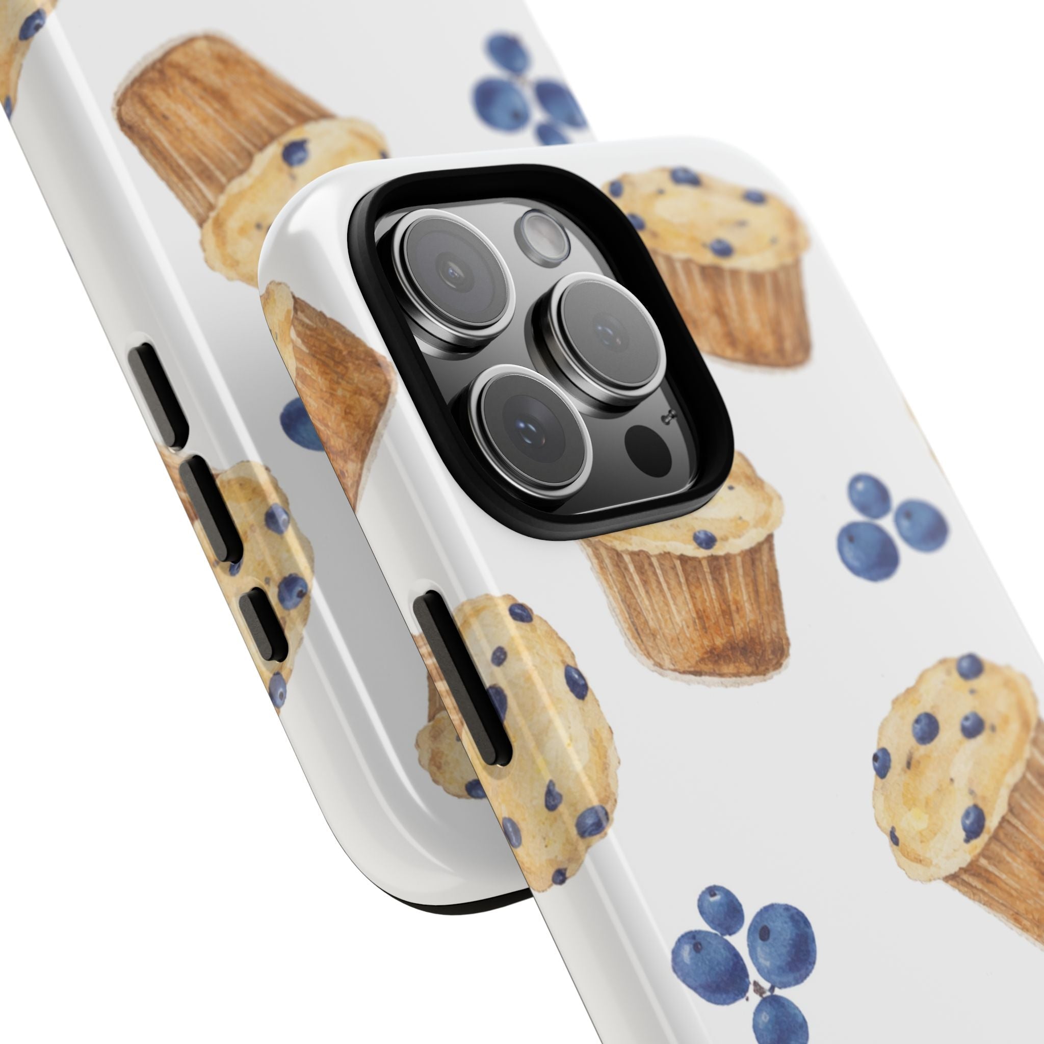 Corner view of phone case showing camera cutouts over blueberry muffin and berry design