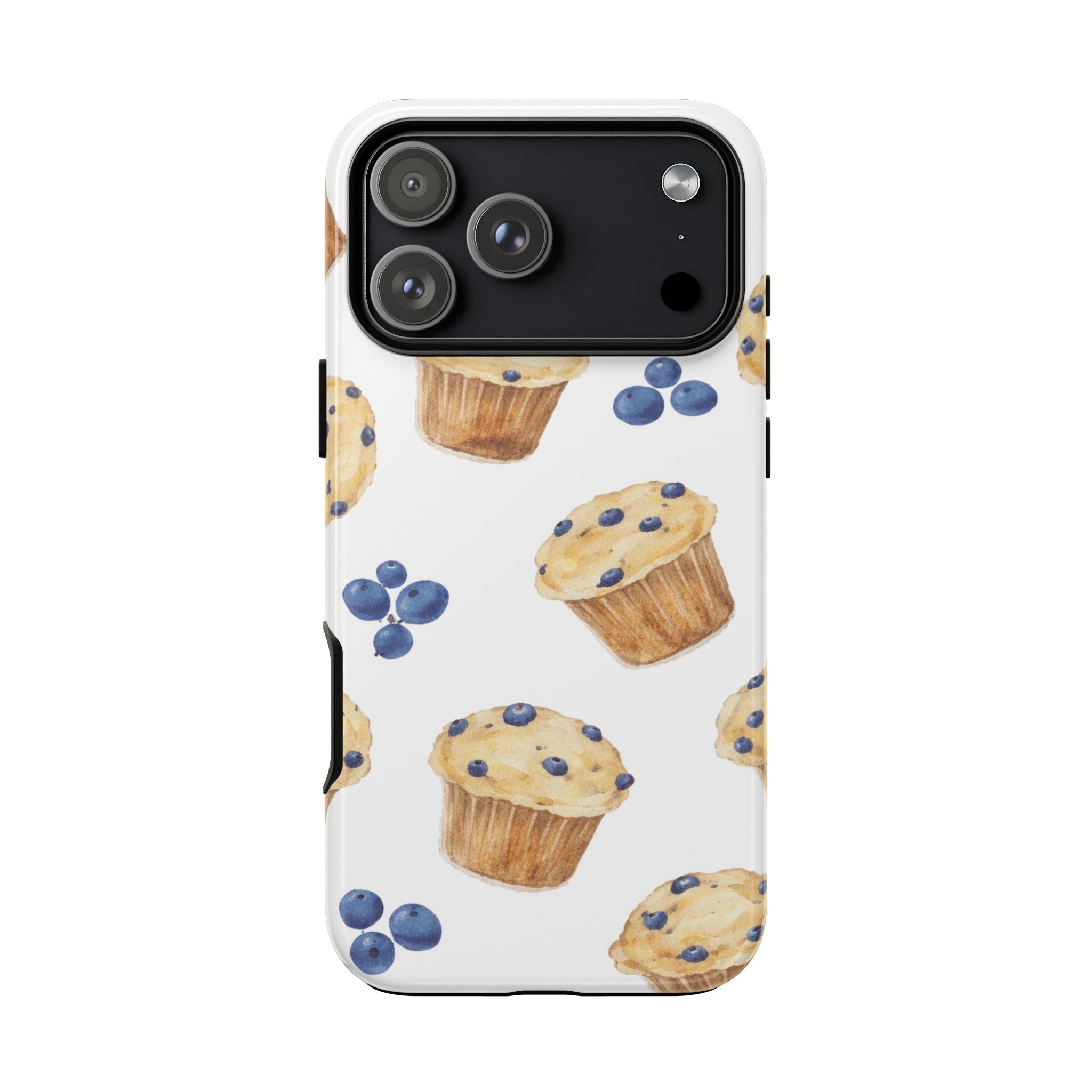Phone case featuring blueberry muffin illustration pattern with cutout for camera and flash