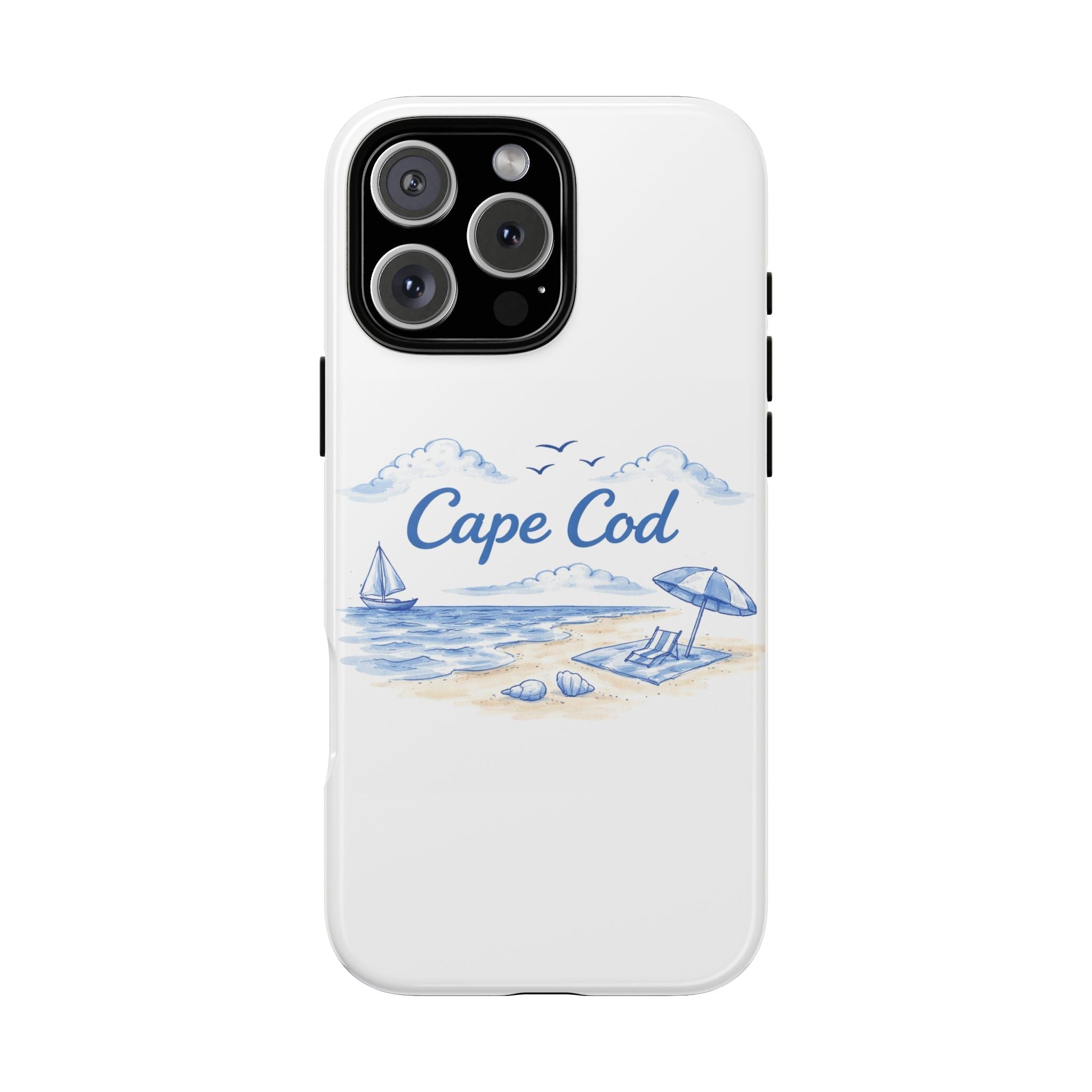 White phone case with Cape Cod beach illustration and sailboat graphic