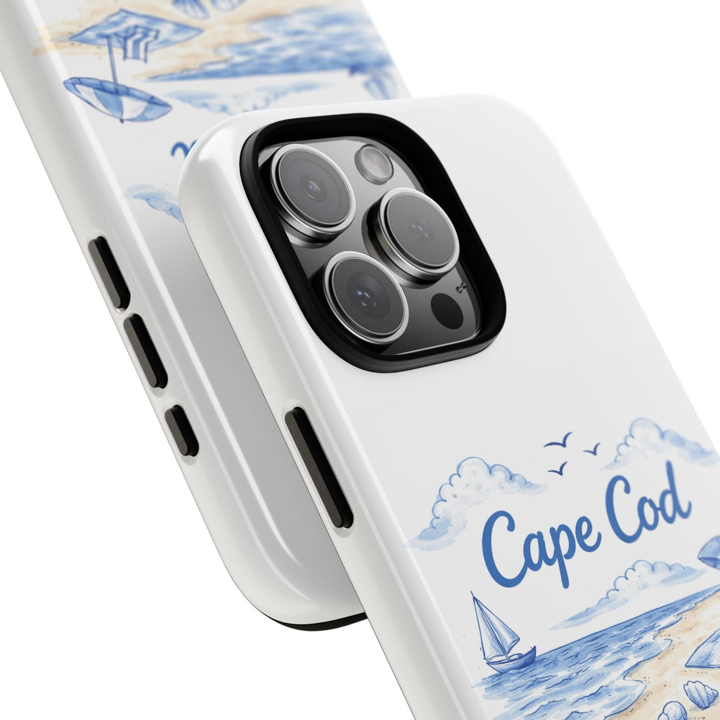 Angled white phone case with Cape Cod beach scene near camera cutout