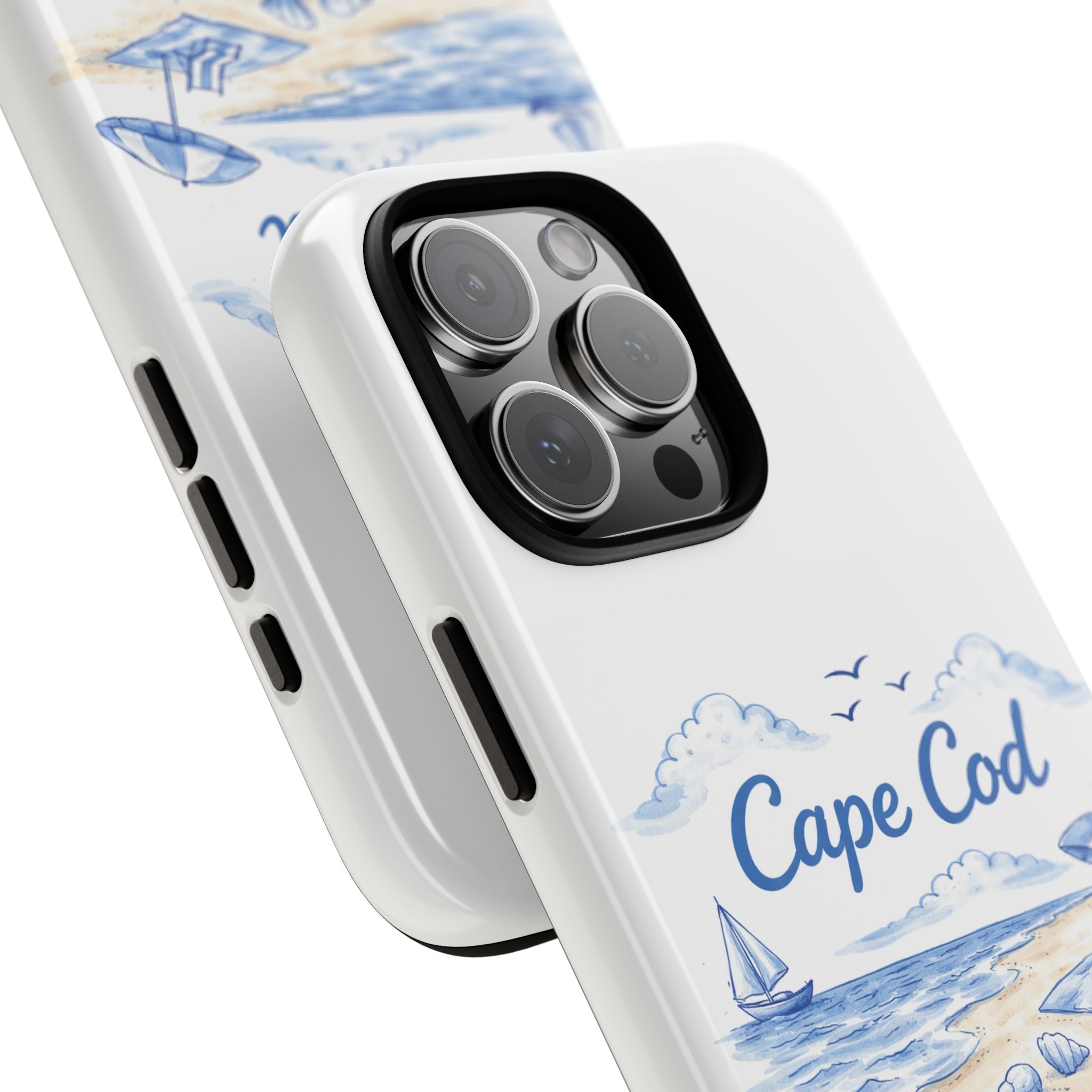 Angled white phone case with Cape Cod beach scene near camera cutout