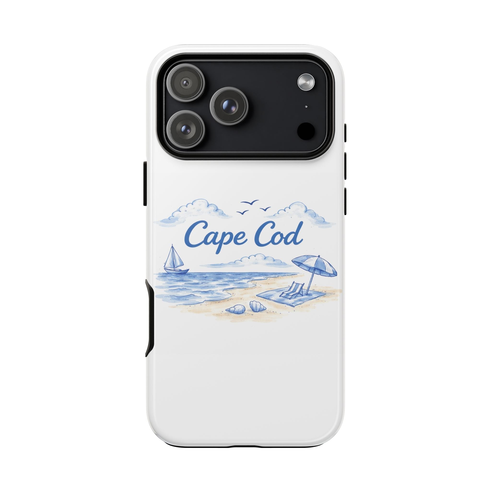 White phone case with Cape Cod beach scene design, umbrellas and sailboats