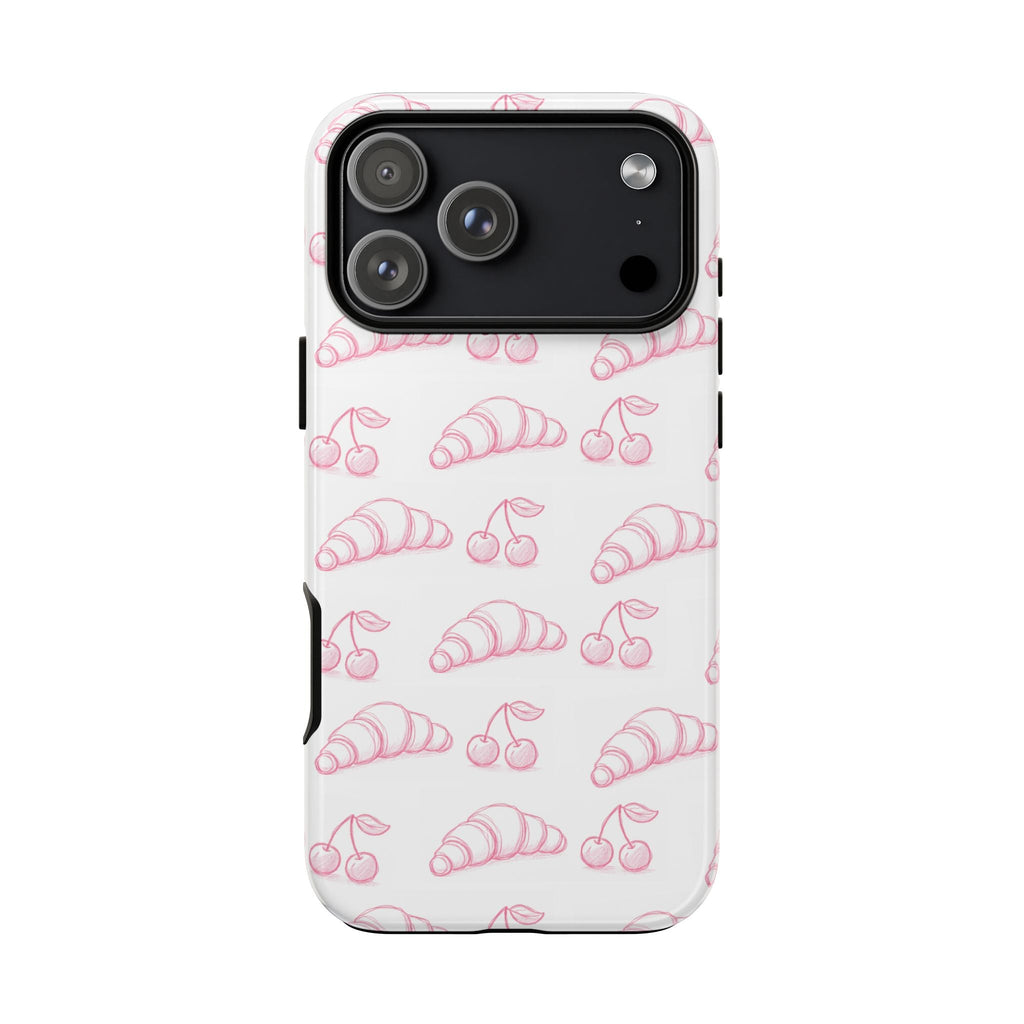 Cherry croissant phone case pattern with pink cherries and croissants, camera cutout