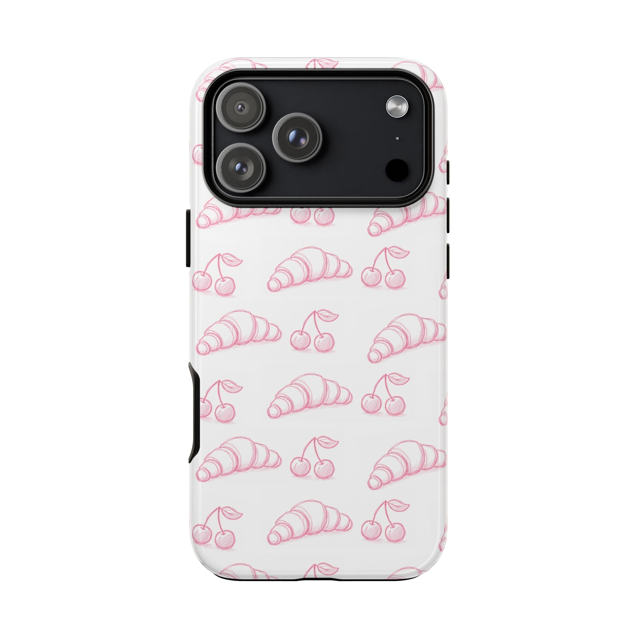 Cherry croissant phone case pattern with pink cherries and croissants, camera cutout