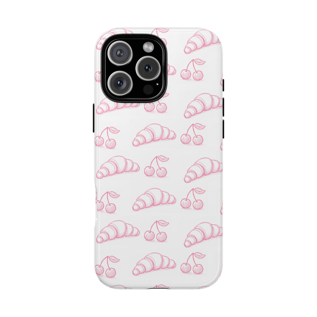 Cherry croissant phone case with pink cherries and croissants on clear back