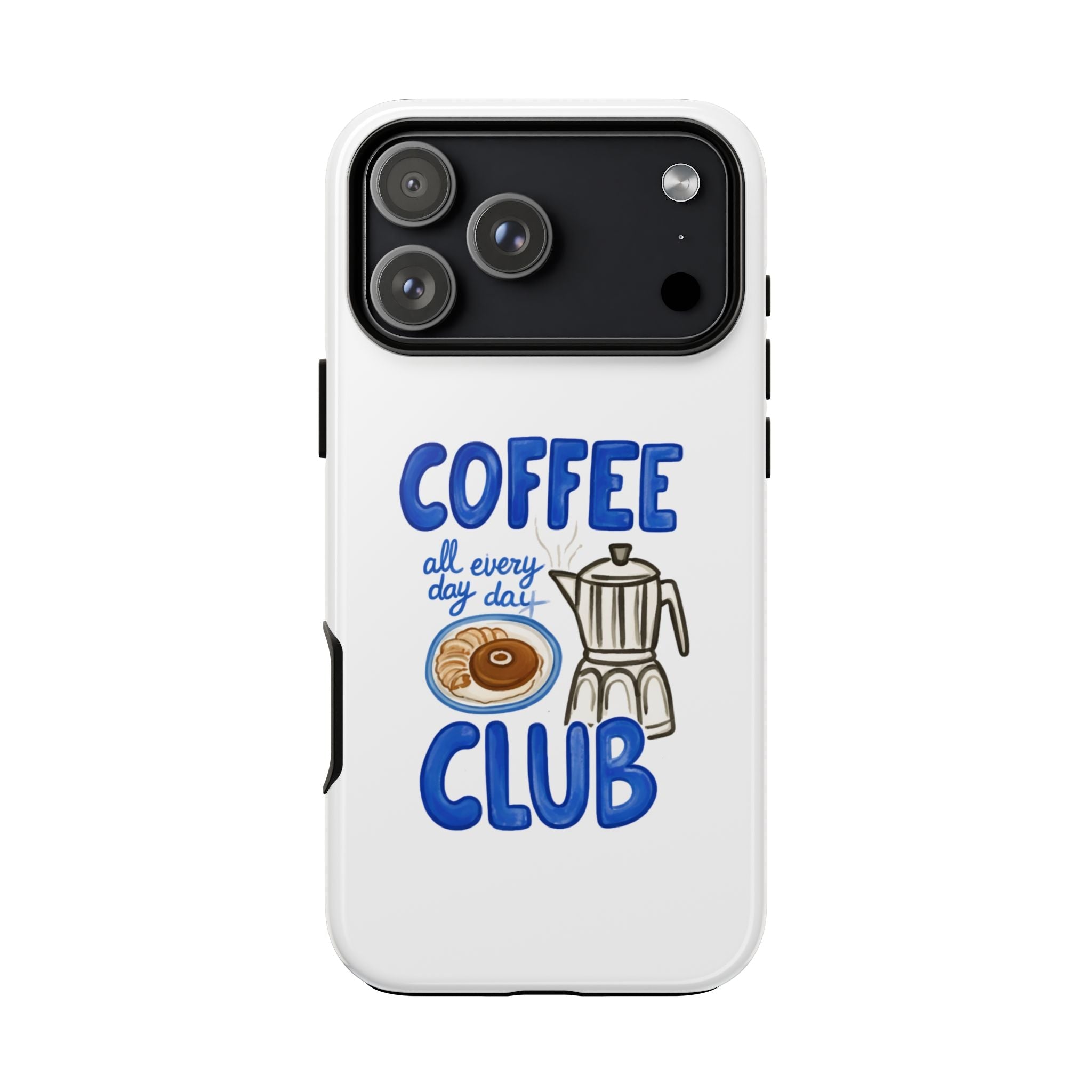 White phone case with Coffee Club logo, coffee pot and donut graphic, camera cover